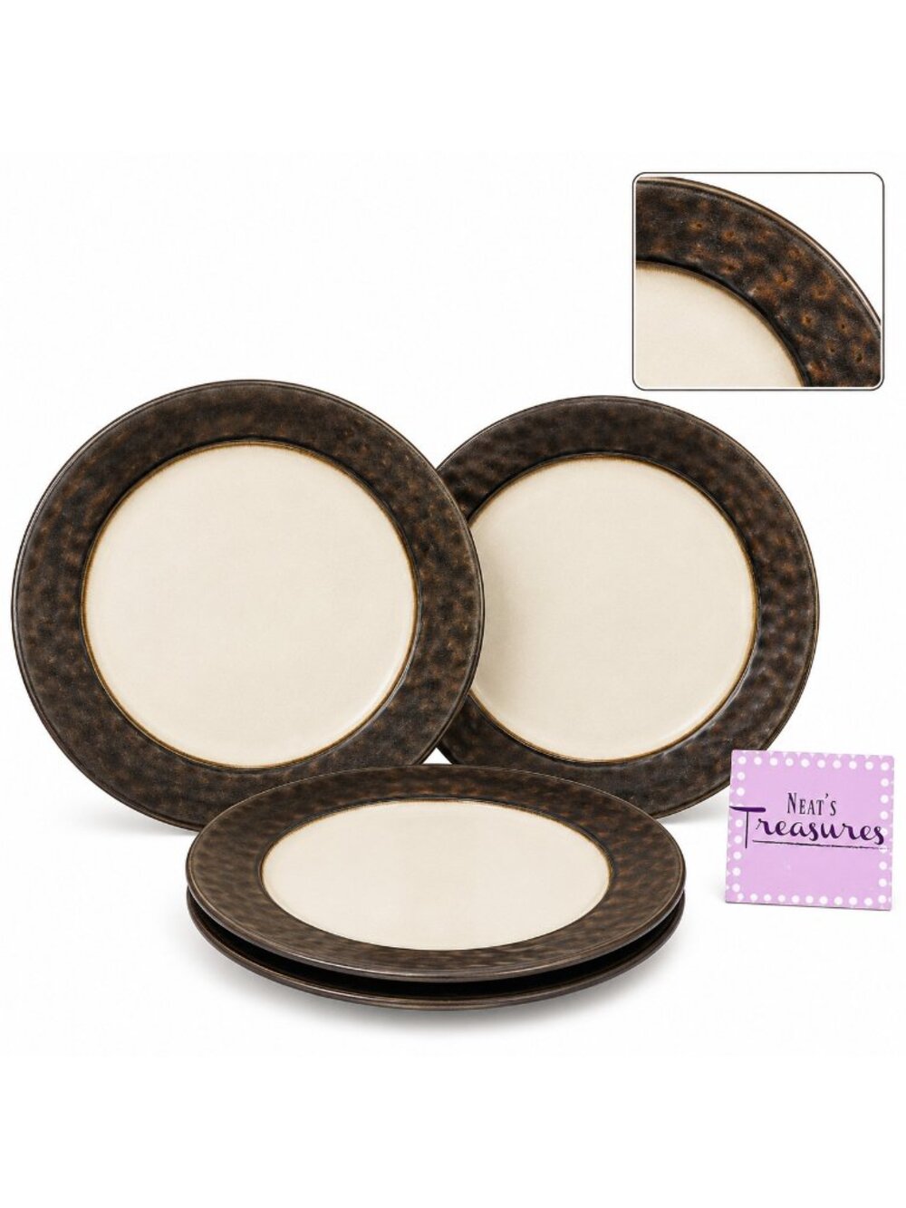 Cindy Crawford Metallic Bronze Hammer Rim Cream Ceramic Dinner Plates Set of 4